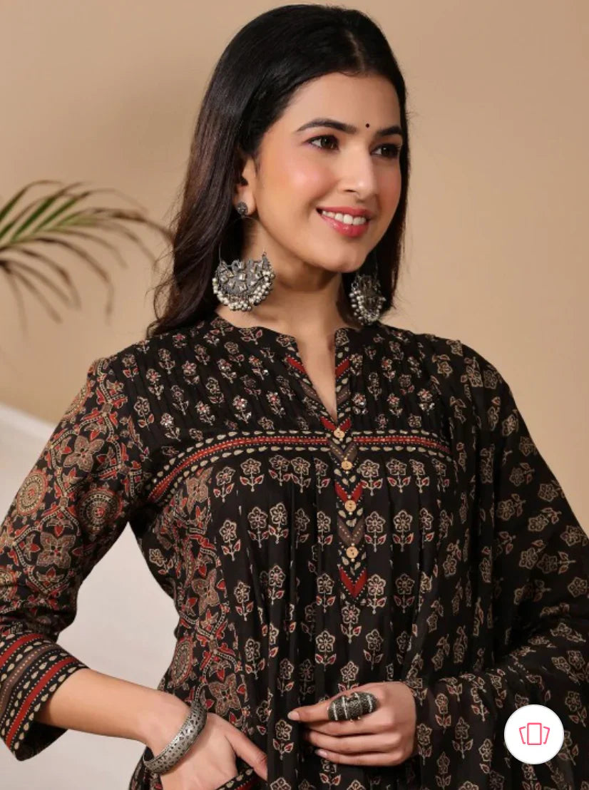 Black Printed Cotton Kurti With Pant & Dupatta Set | For Women