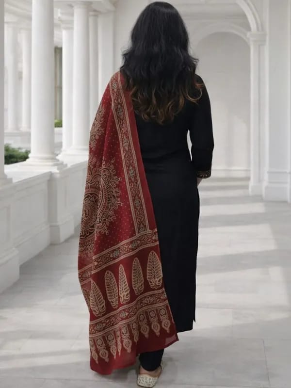 Elegant Black Kurta Set with Red Printed Dupatta