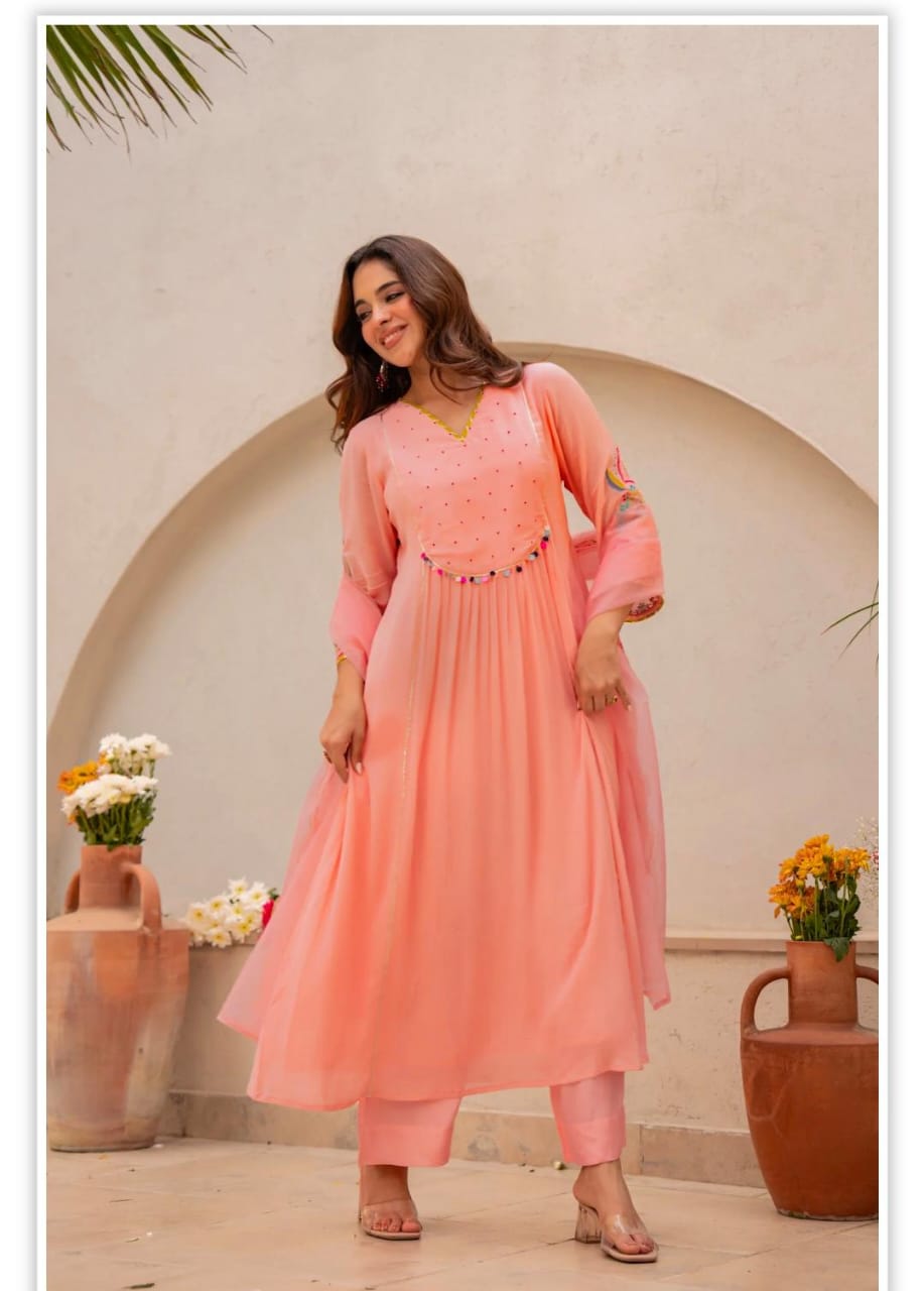 Elegant Peach Anarkali Kurta Set with Embroidered Dupatta