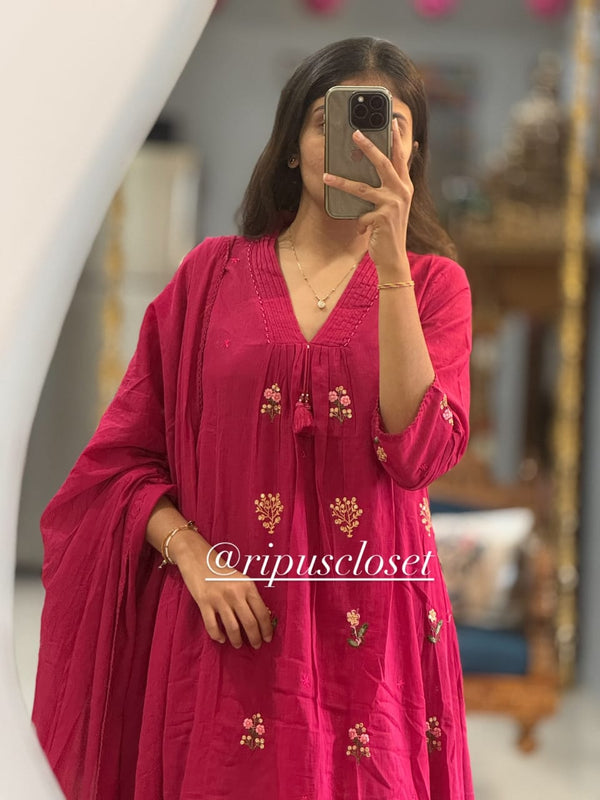 Elegant Rani Pink Embroidered Kurta Set with Dupatta Description: