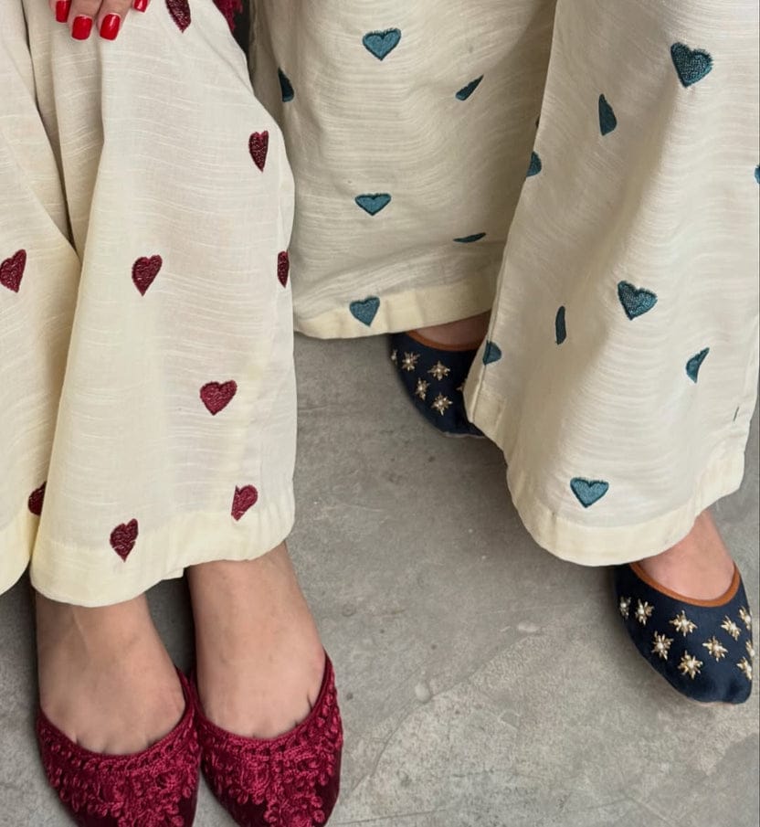 Elegant Red Kurta with Ivory Heart-Print Skirt Set