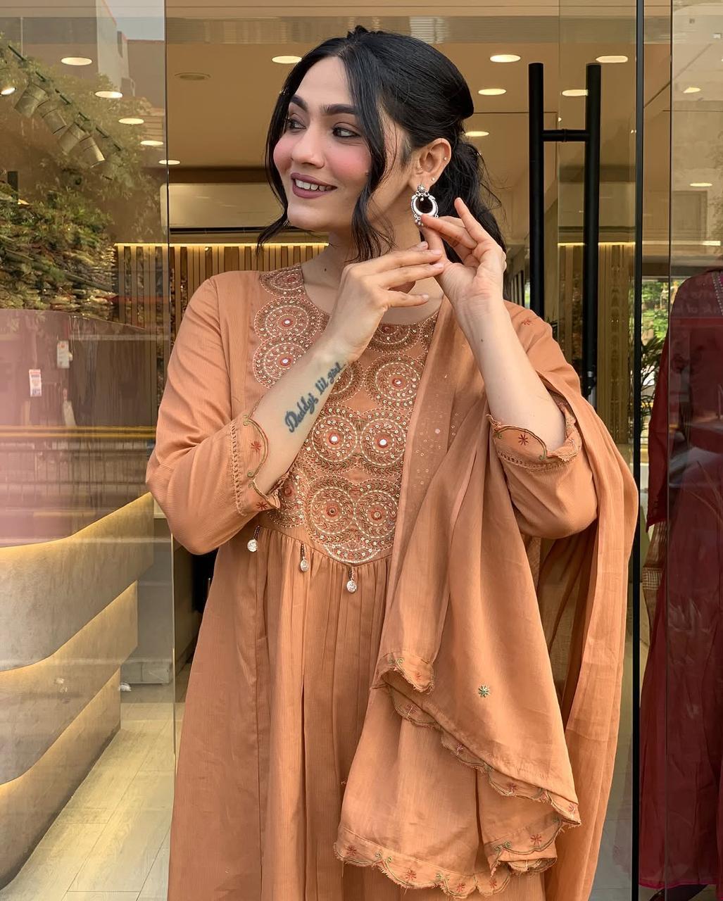 Elegant Rust Embroidered Kurta Set with Dupatta