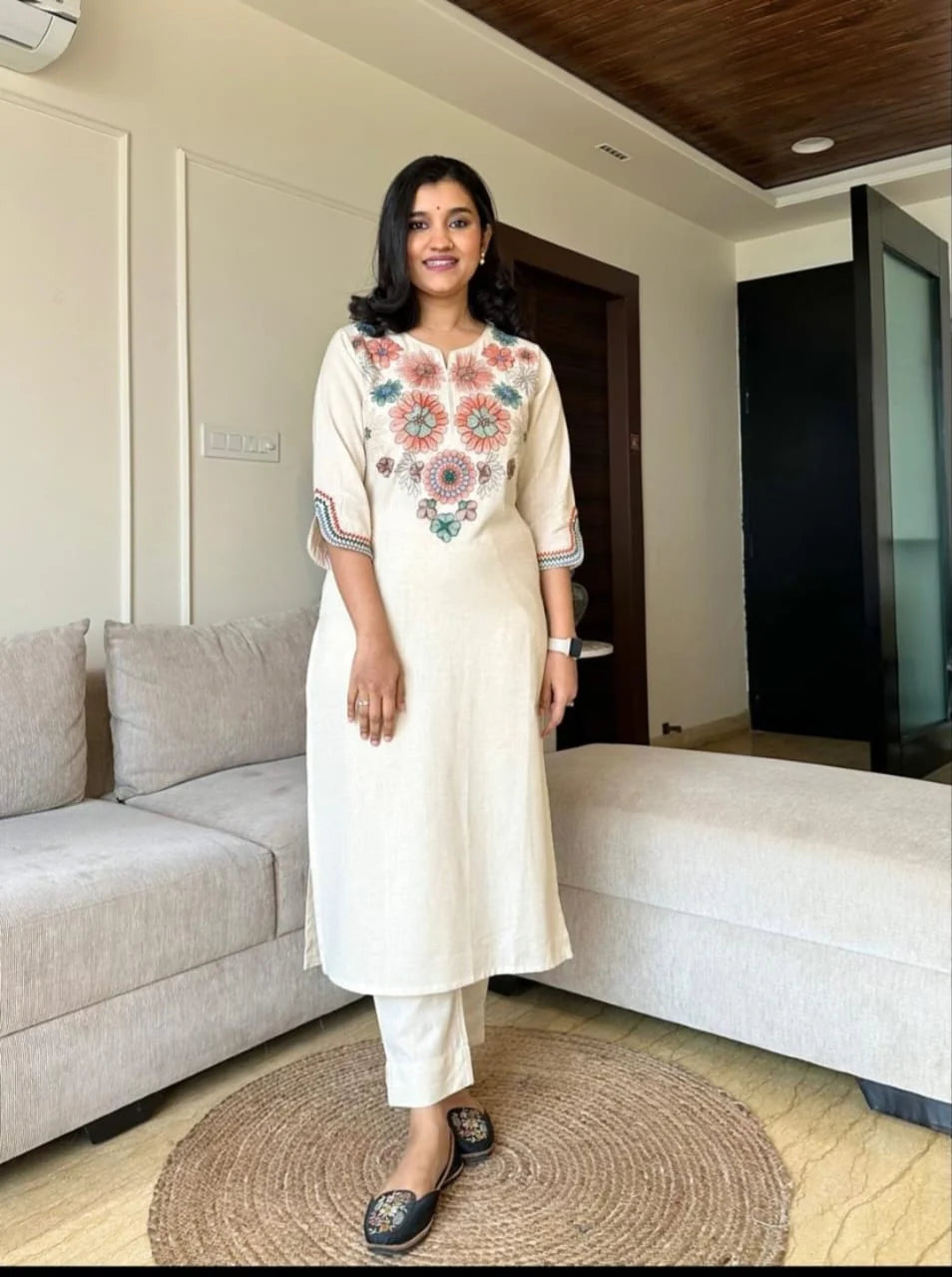 Embroidered White Kurti with Straight Pants For Women