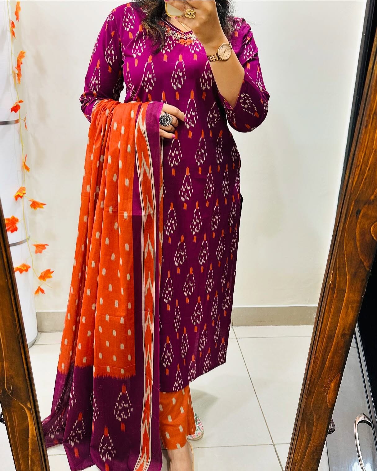 Wine Cotton Ikkat Printed Kurti With Pant & Dupatta Set | For Women