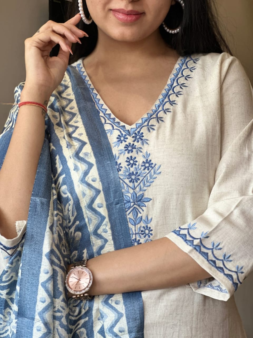 Off White Embroidered Cotton Kurti With Pant & Dupatta Set | For Women