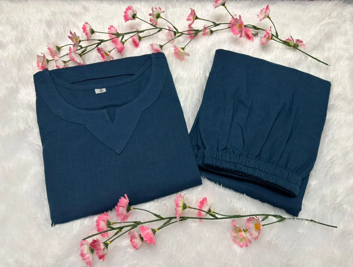Blue Cotton Casual Loose Solid Co-ord Set For Women