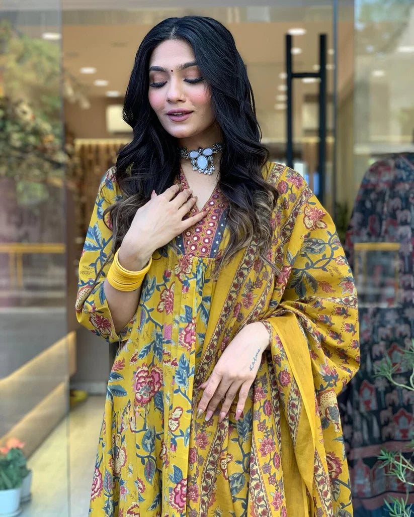 Mustard Floral Cotton Anarkali Kurti With Pant & Dupatta Set | For Women