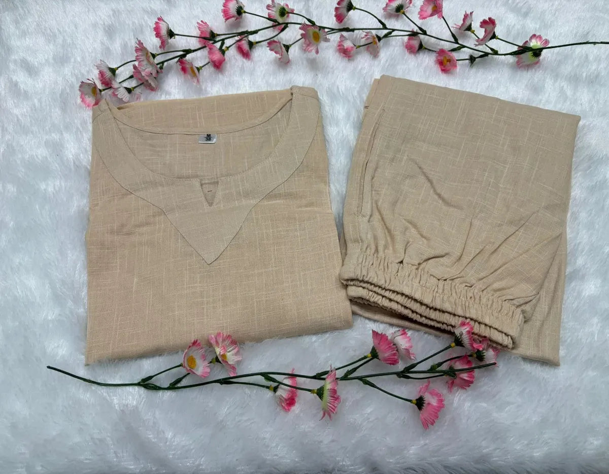 Off White Cotton Casual Loose Solid Co-ord Set For Women