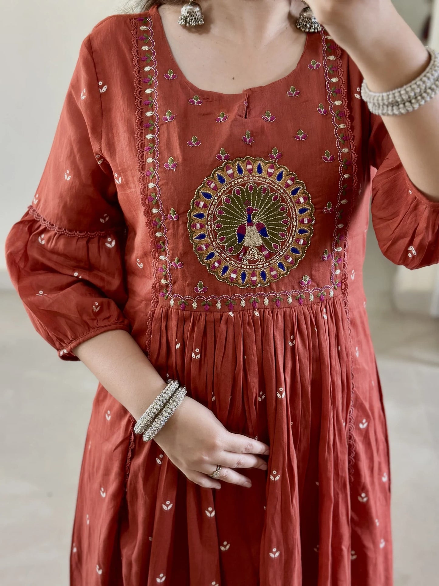 Rust Embroidery Mul Cotton Kurti With Pant & Dupatta Set | For Women