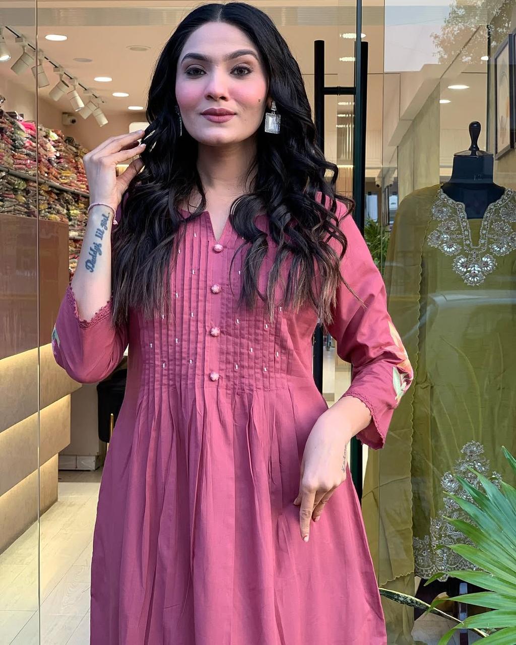 Pink Cotton Blend Floral Embroidered Kurti With Pant & Dupatta Set | For Women