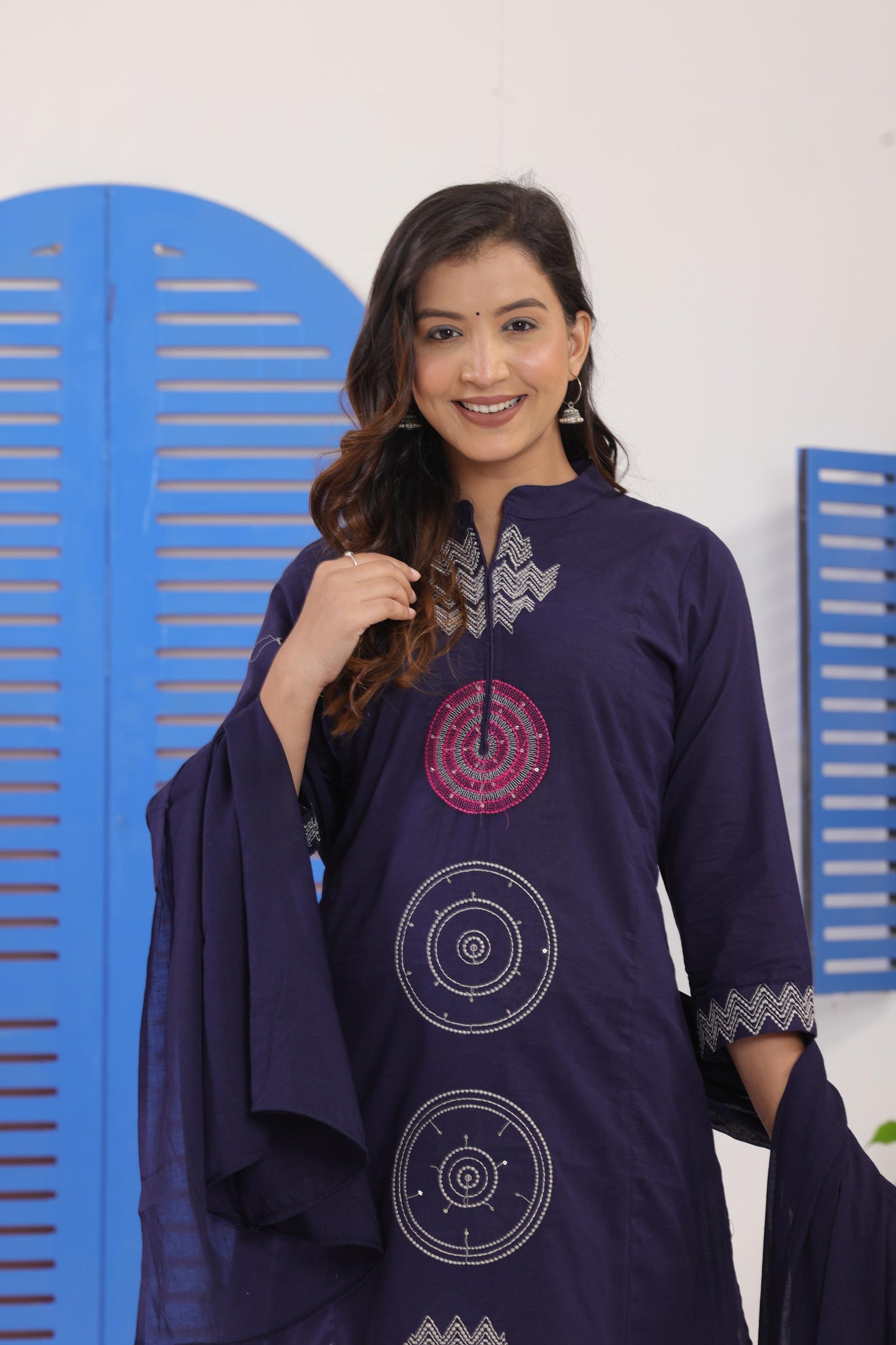 Navy Blue Embroidered Cotton Kurti With Pant & Dupatta Set | For Women