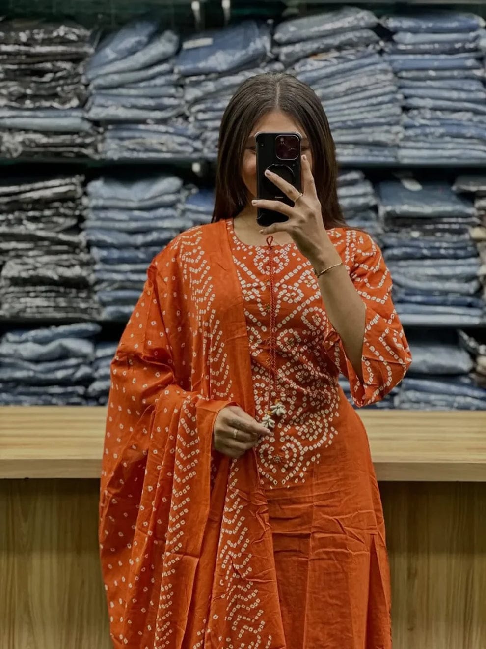Orange Bandhani Printed Kurta Pant Set with Dupatta for Women