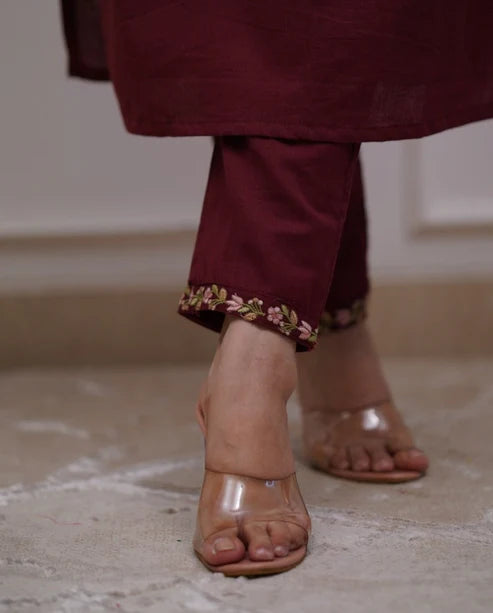 Premium Maroon Pure Cotton Embroidered Suit Set