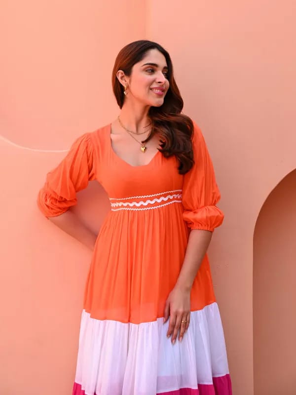 Stylish Orange & Pink Colorblock Tiered Maxi Dress
