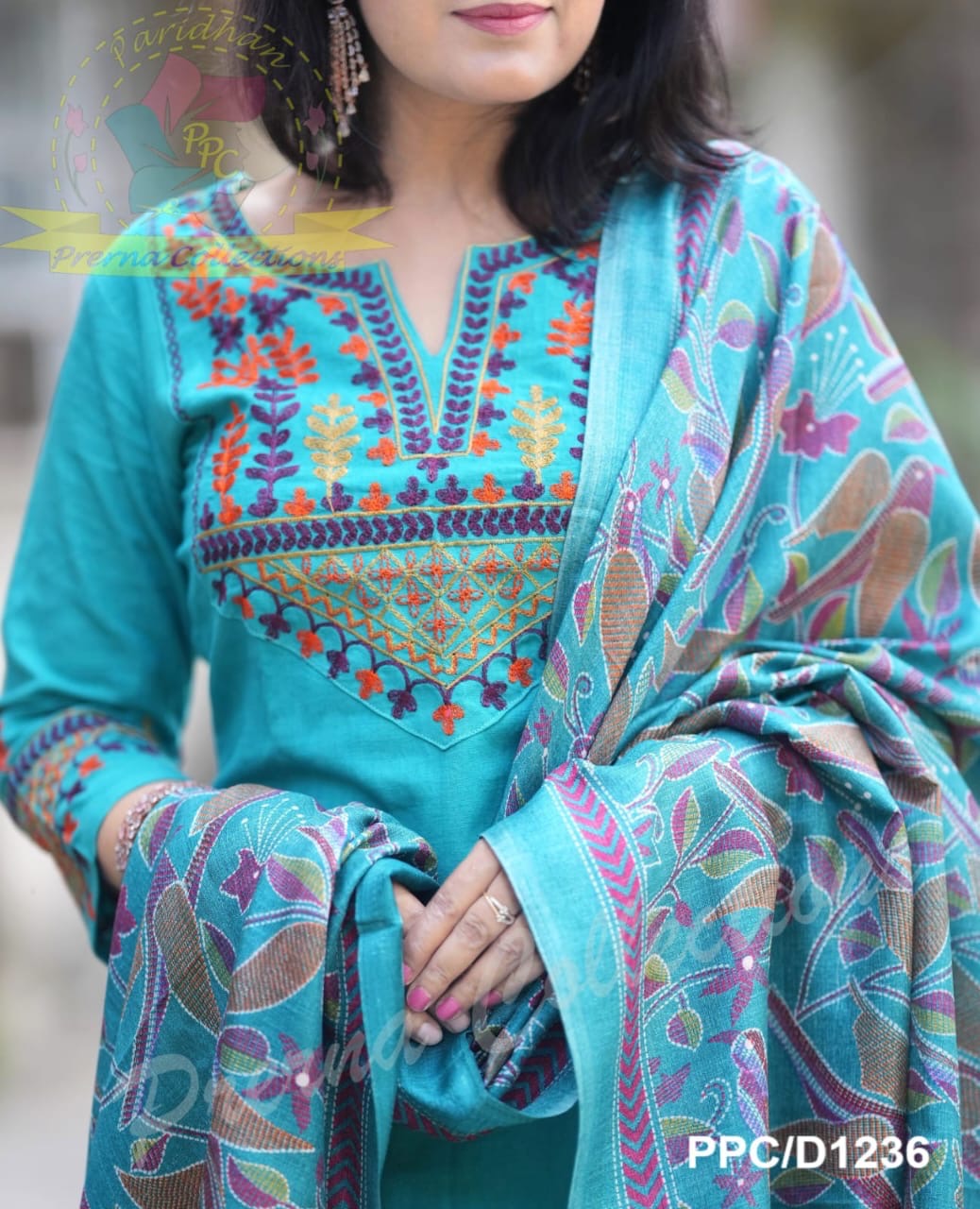 Turquoise Blue Embroidered Cotton Kurti With Pant & Dupatta Set | For Women