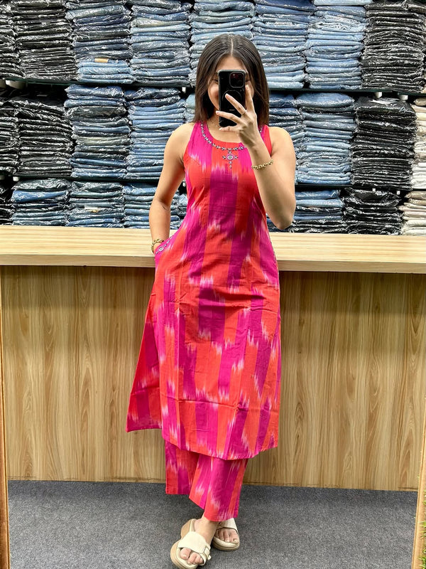 Vibrant Pink & Orange Ikat Sleeveless Kurta