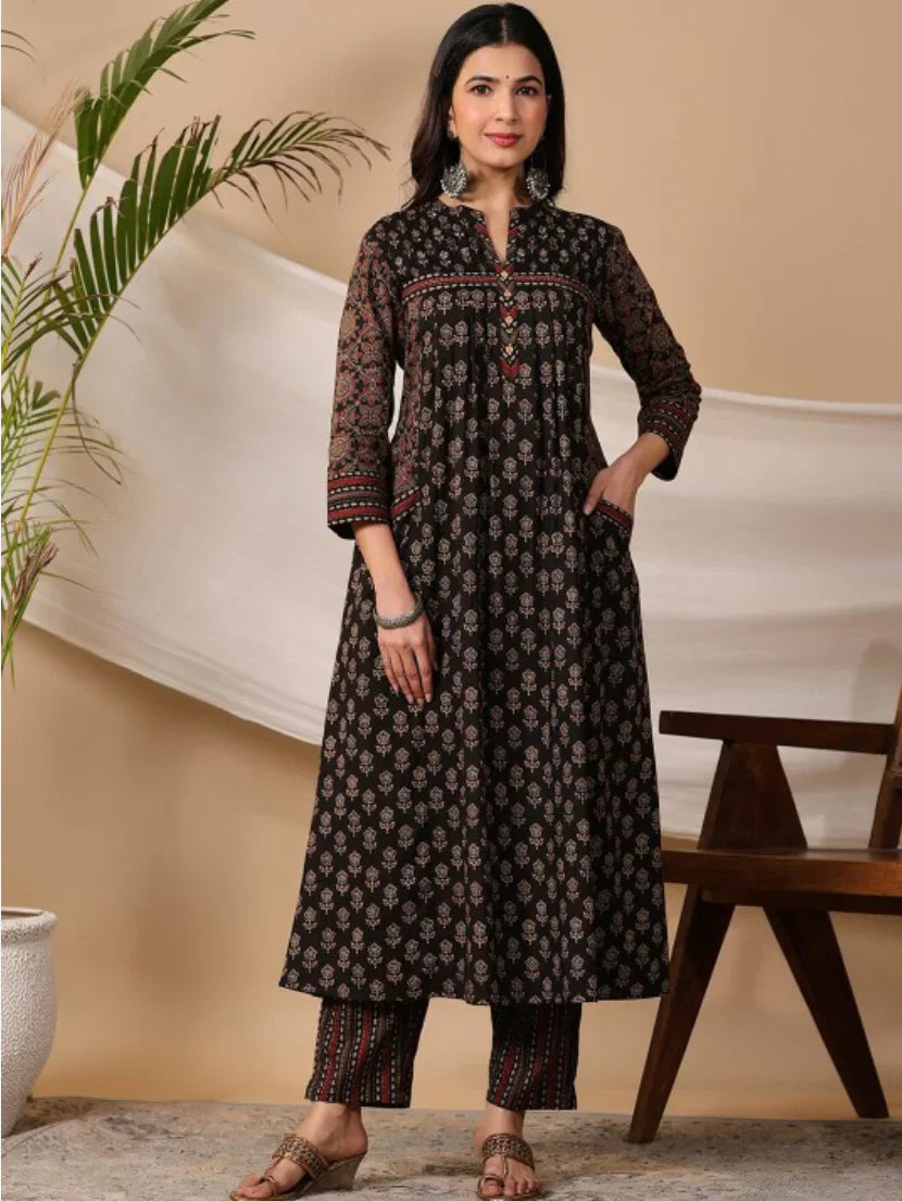 Black Printed Cotton Kurti With Pant & Dupatta Set | For Women