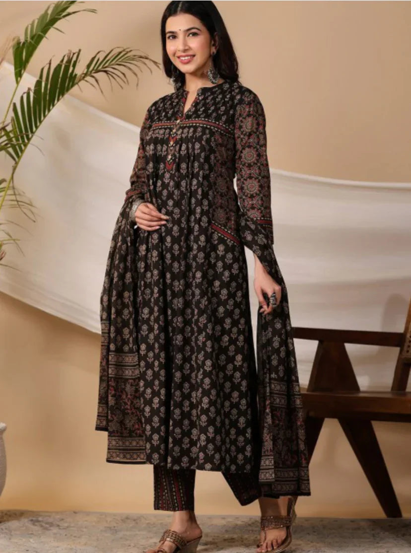 Black Printed Cotton Kurti With Pant & Dupatta Set | For Women