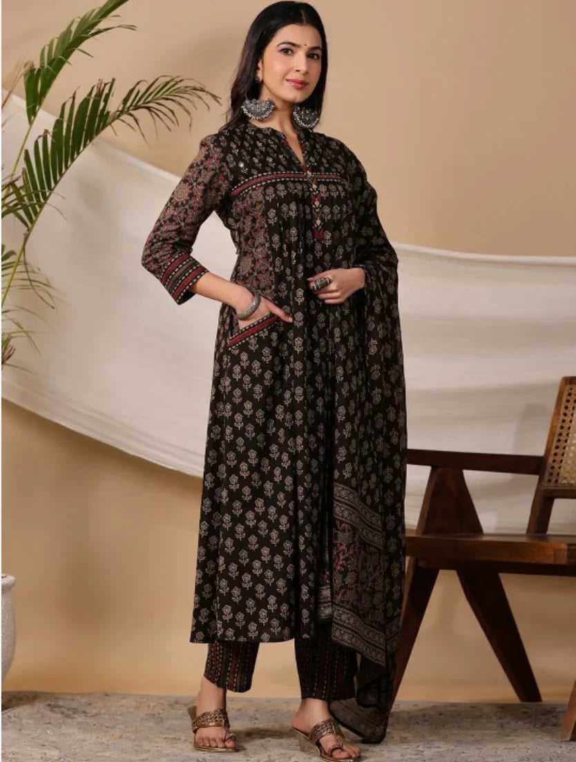 Black Printed Cotton Kurti With Pant & Dupatta Set | For Women