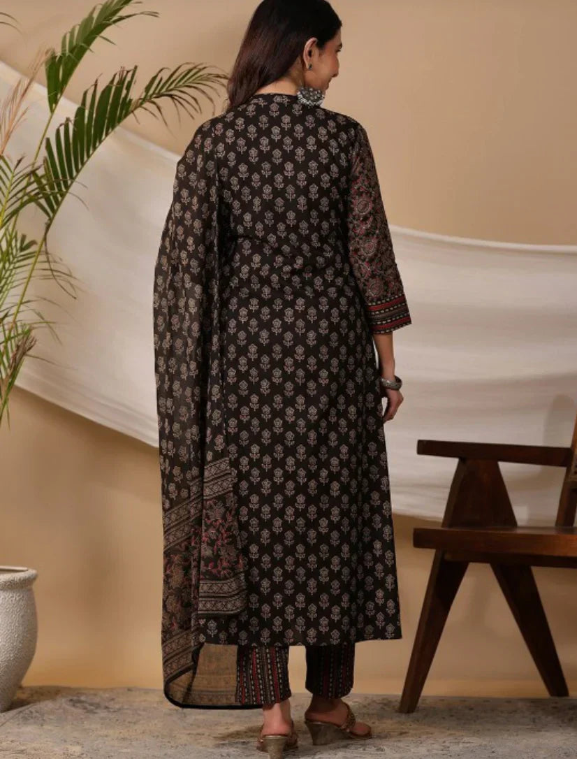 Black Printed Cotton Kurti With Pant & Dupatta Set | For Women