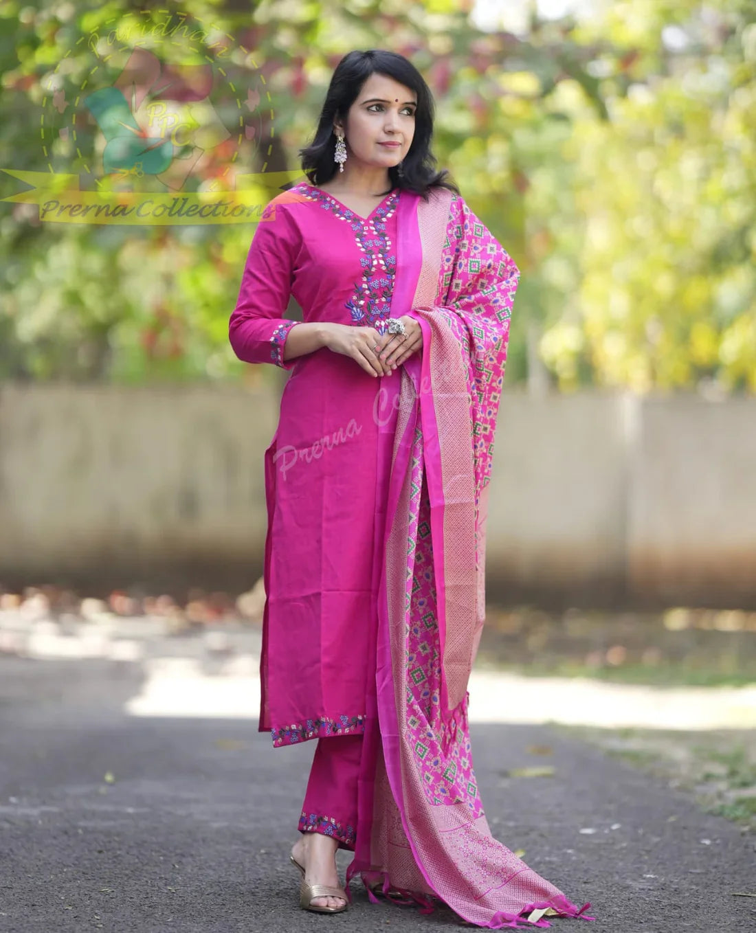 Pink Gajji Silk Embroided Kurti With Pant & Dupatta Set | For Women
