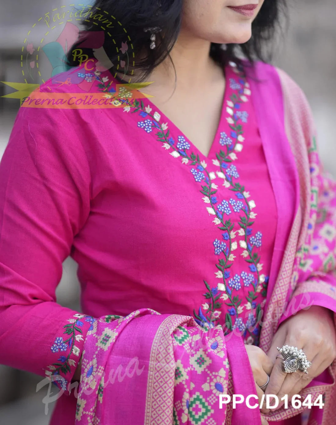 Pink Gajji Silk Embroided Kurti With Pant & Dupatta Set | For Women