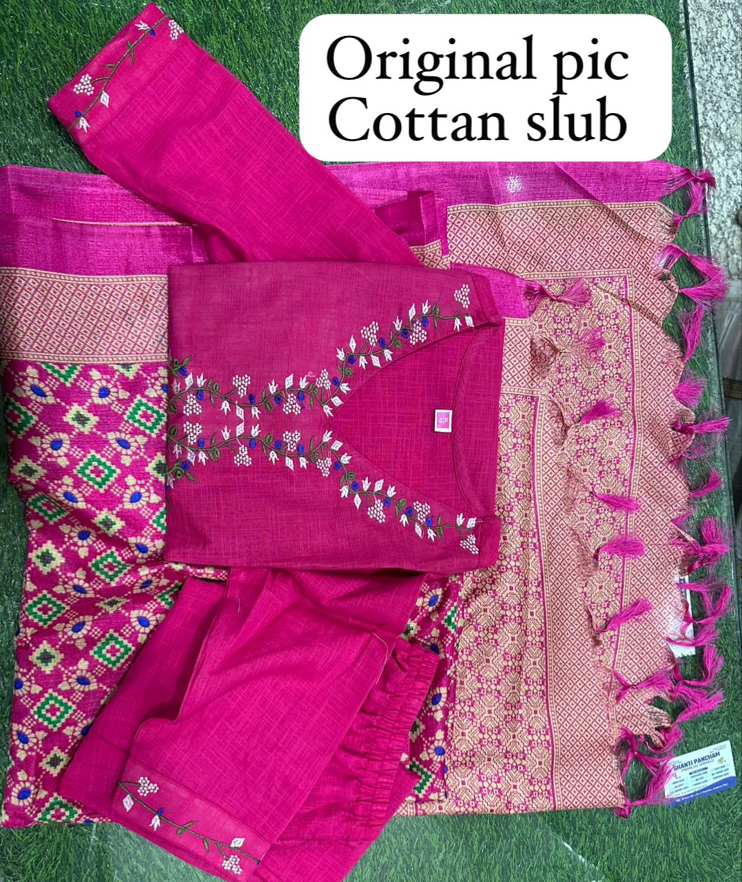 Pink Gajji Silk Embroided Kurti With Pant & Dupatta Set | For Women