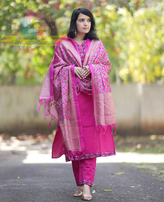 Pink Gajji Silk Embroided Kurti With Pant & Dupatta Set | For Women