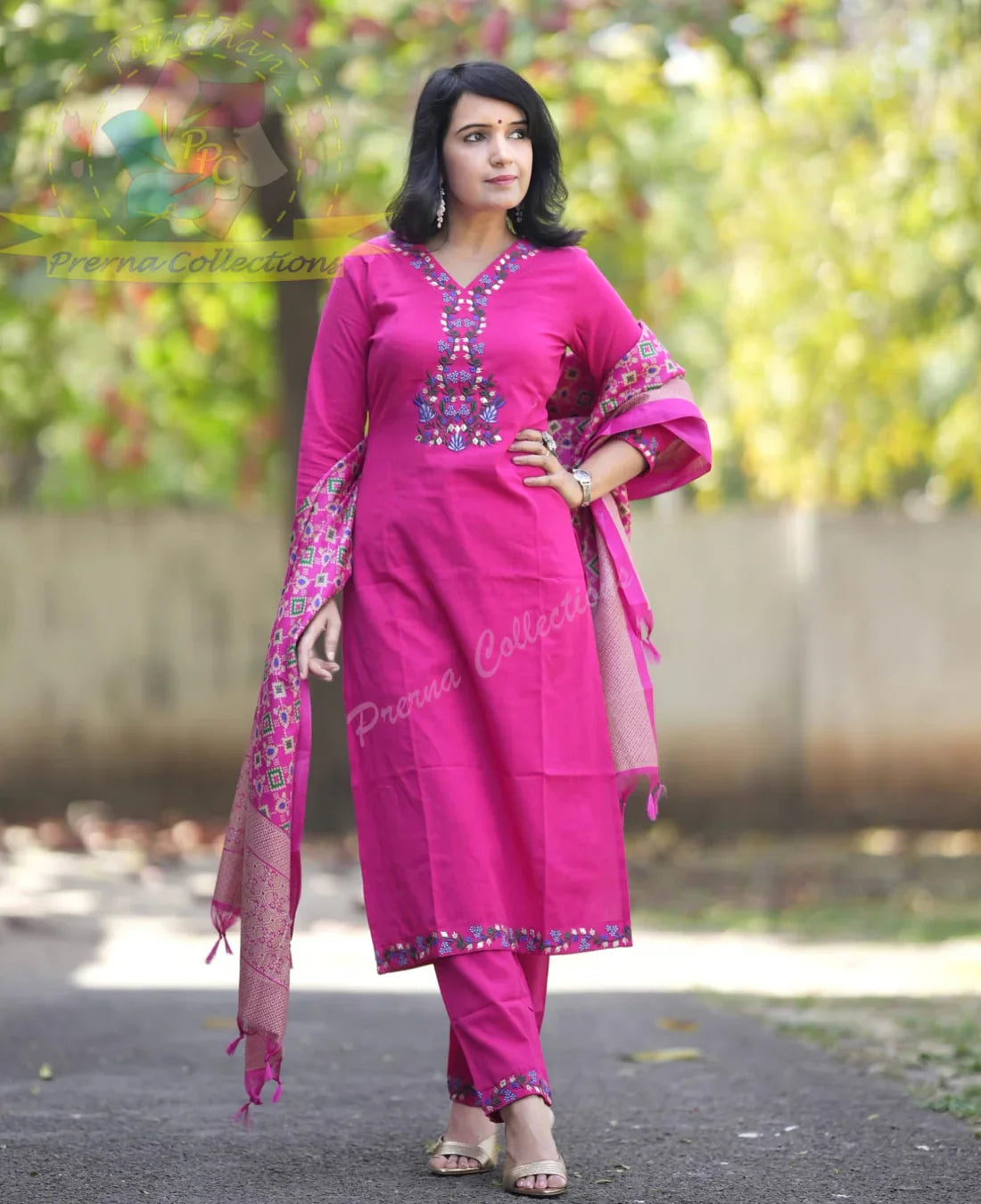Pink Gajji Silk Embroided Kurti With Pant & Dupatta Set | For Women