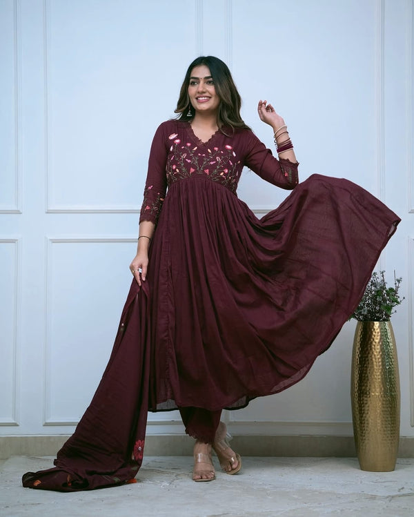 Maroon Embroidery Sequence Work Kurti With Pant & Dupatta Set | For Women