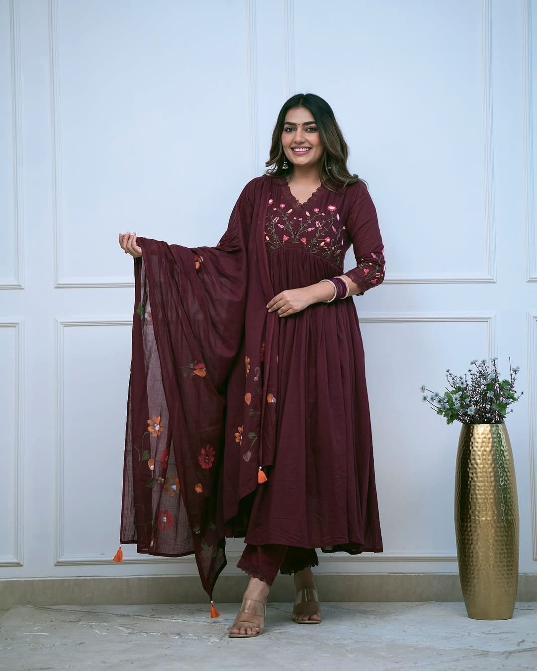 Maroon Embroidery Sequence Work Kurti With Pant & Dupatta Set | For Women
