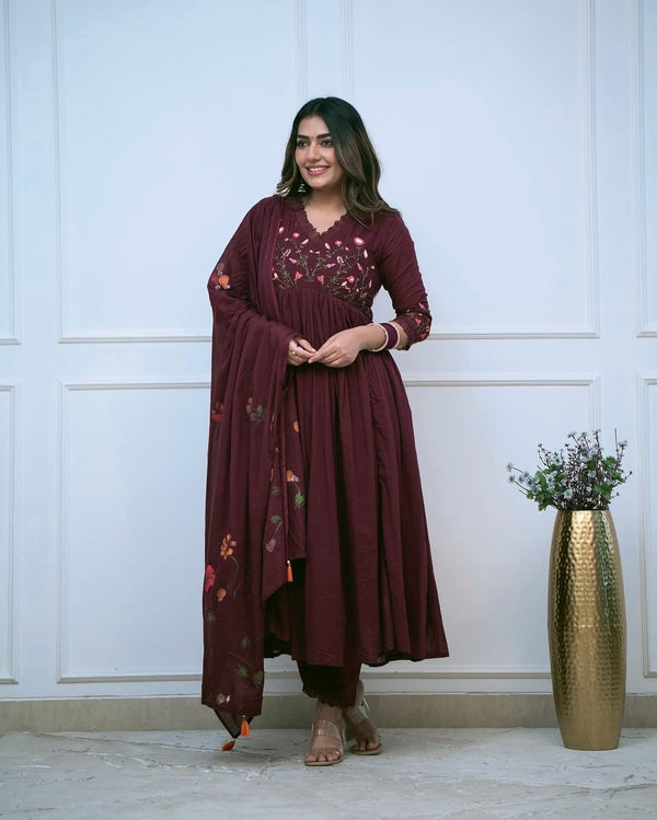 Maroon Embroidery Sequence Work Kurti With Pant & Dupatta Set | For Women
