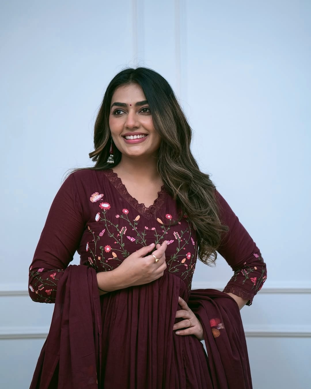 Maroon Embroidery Sequence Work Kurti With Pant & Dupatta Set | For Women
