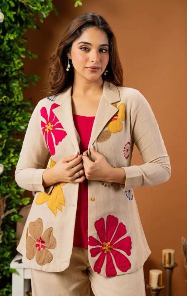 Beige Floral Embroidered Co-Ord Set with Blazer & Wide-Leg Pants