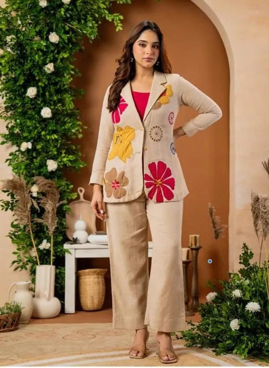 Beige Floral Embroidered Co-Ord Set with Blazer & Wide-Leg Pants