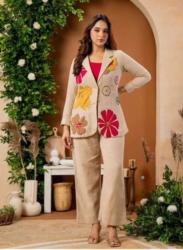 Beige Floral Embroidered Co-Ord Set with Blazer & Wide-Leg Pants