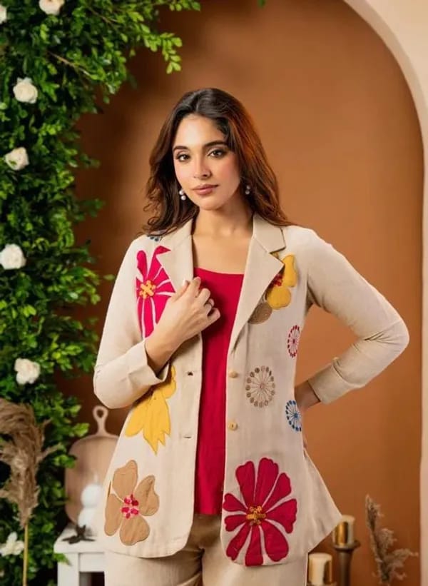 Beige Floral Embroidered Co-Ord Set with Blazer & Wide-Leg Pants