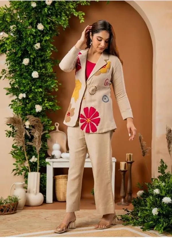 Beige Floral Embroidered Co-Ord Set with Blazer & Wide-Leg Pants