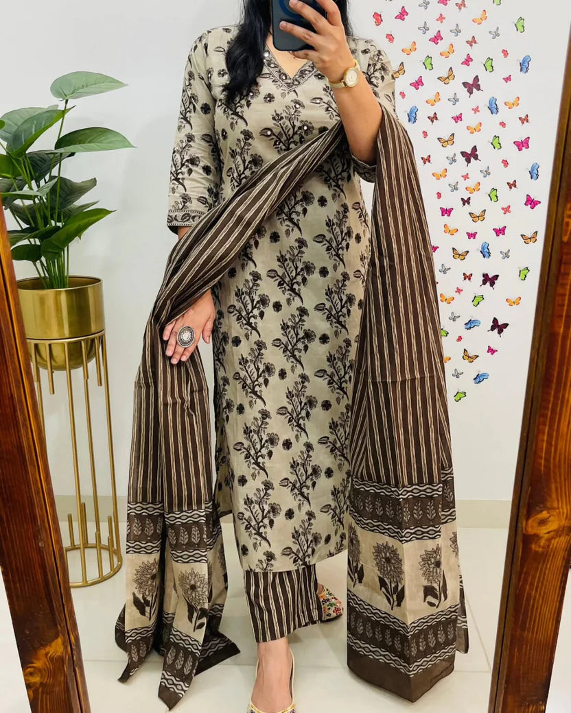 Beige & Brown Floral Printed Cotton Kurti With Pant & Dupatta Set | For Women