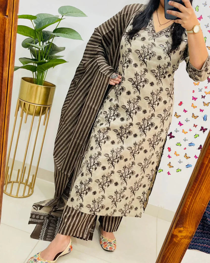 Beige & Brown Floral Printed Cotton Kurti With Pant & Dupatta Set | For Women