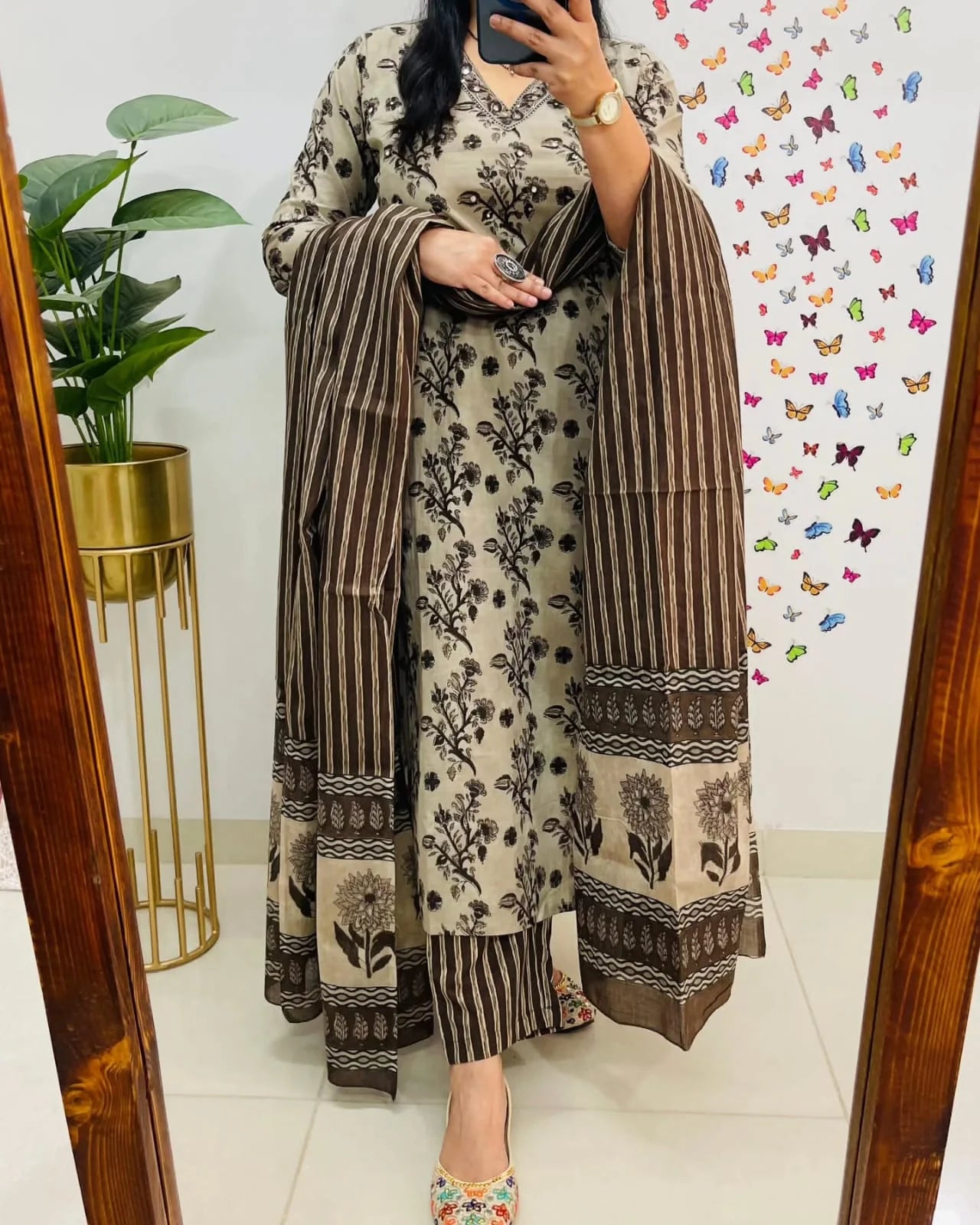 Beige & Brown Floral Printed Cotton Kurti With Pant & Dupatta Set | For Women