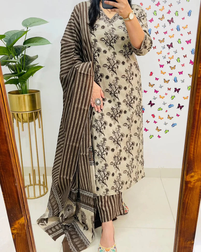 Beige & Brown Floral Printed Cotton Kurti With Pant & Dupatta Set | For Women