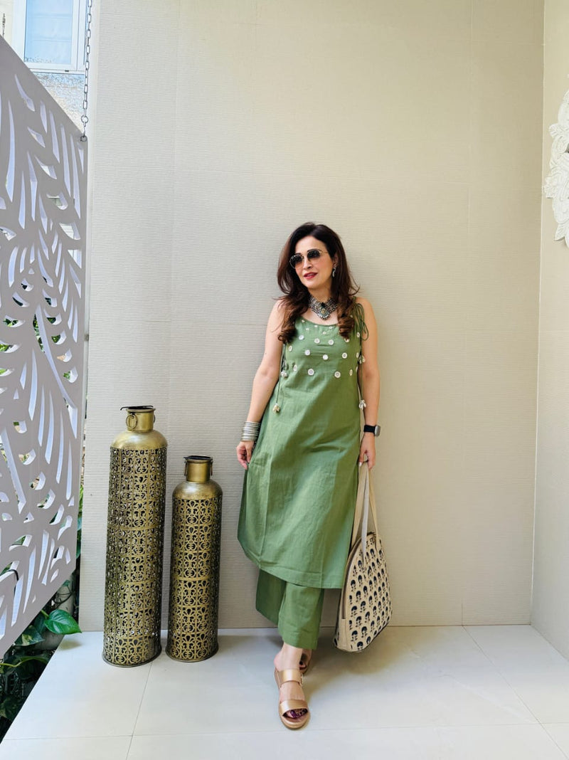 Green Premium Cotton Slub Co-ord Set For Women