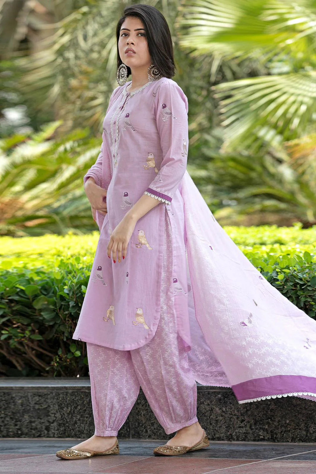 Lavender Bird Printed Cotton Kurti With Pant & Dupatta Set | For Women