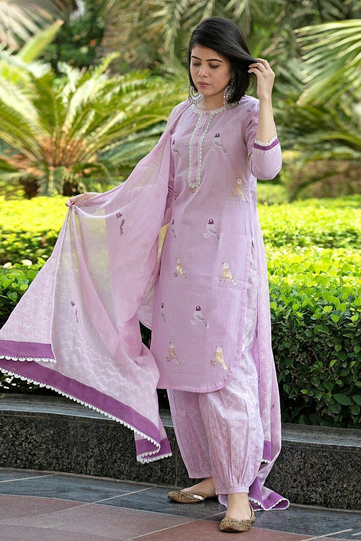 Lavender Bird Printed Cotton Kurti With Pant & Dupatta Set | For Women