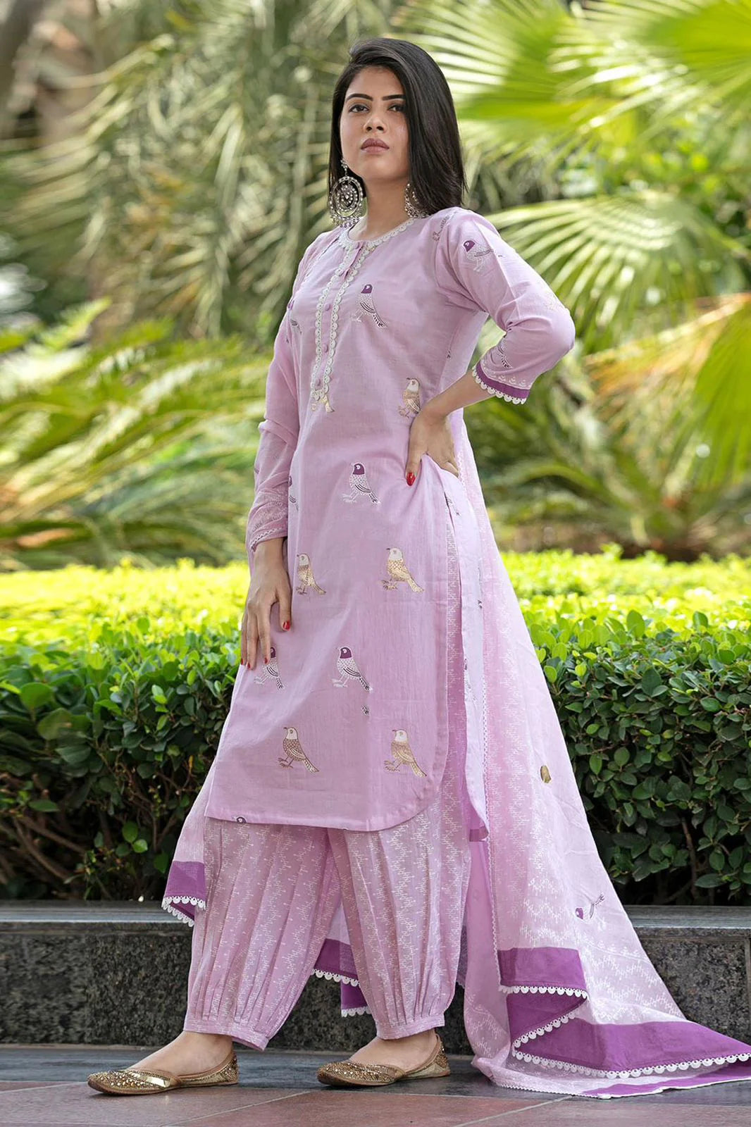 Lavender Bird Printed Cotton Kurti With Pant & Dupatta Set | For Women