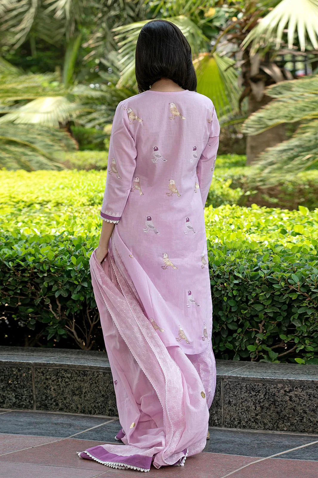 Lavender Bird Printed Cotton Kurti With Pant & Dupatta Set | For Women
