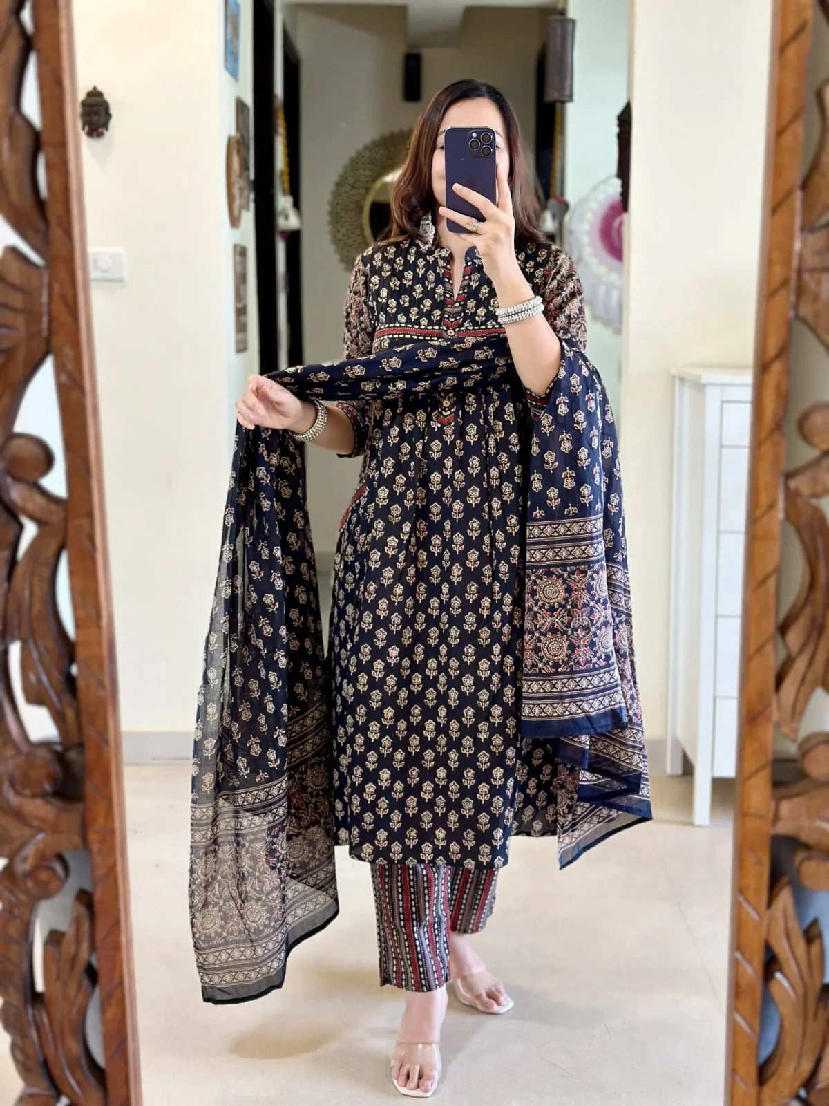 Black Printed Cotton Kurta Set with Striped Pants