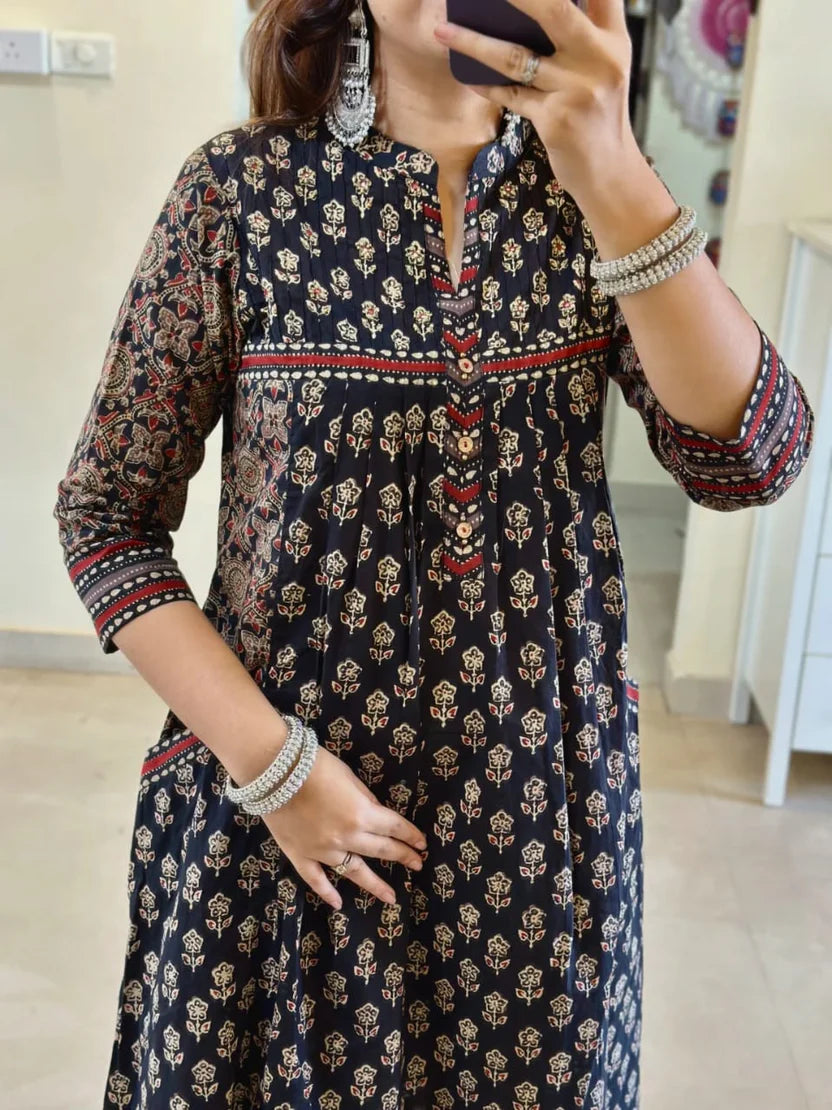 Black Printed Cotton Kurta Set with Striped Pants