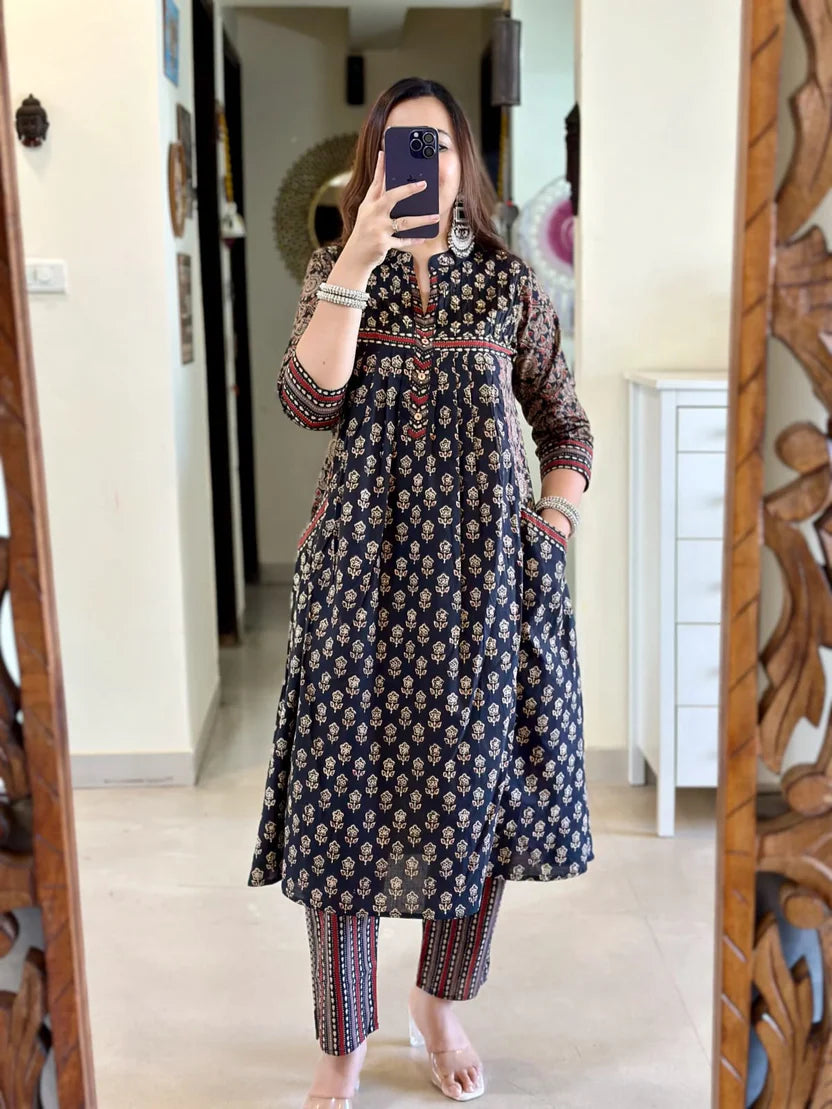 Black Printed Cotton Kurta Set with Striped Pants